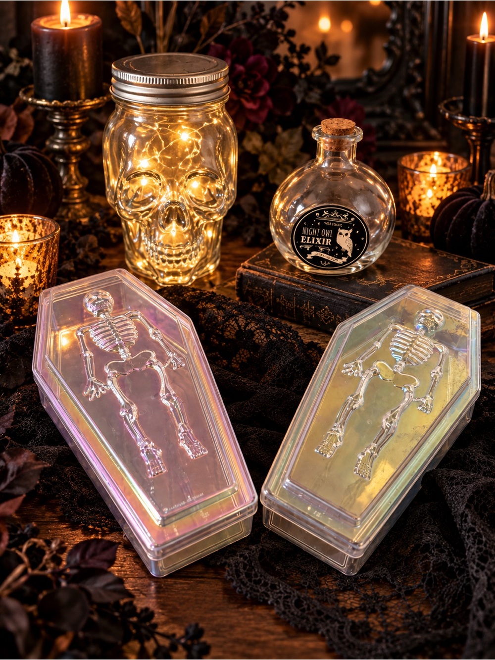 Halloween Gothic Decor Set Skull Jar Potion Bottle Skeleton Coffin Boxes